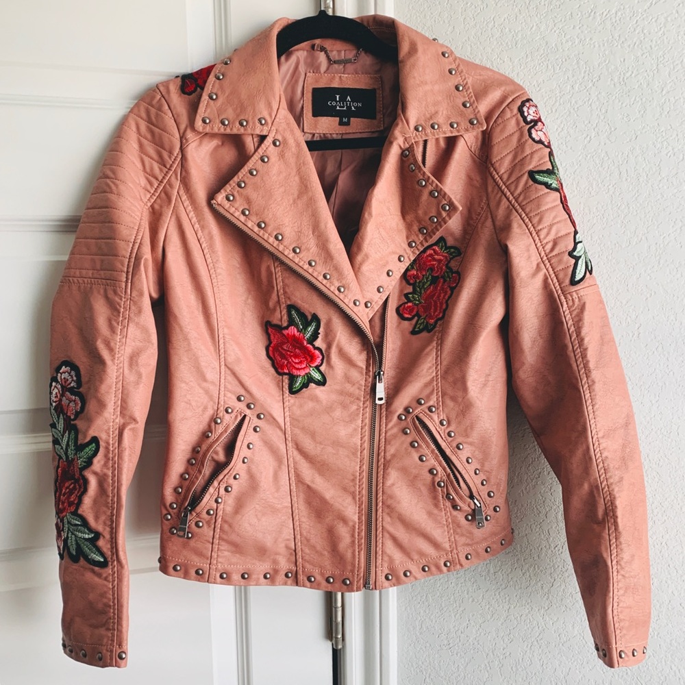 NWOT Embroidered faux leather jacket